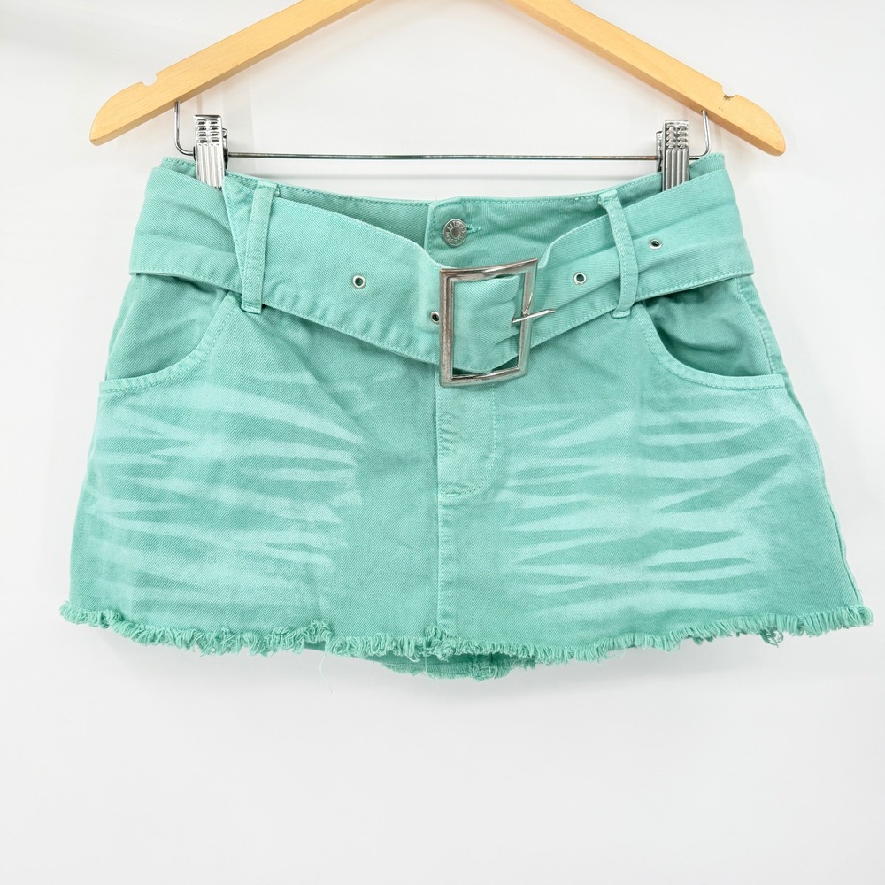 ASYOU Denim Mini Skirt Womens 6 Mint Green Belted Frayed Hem Tiger Fade Festival